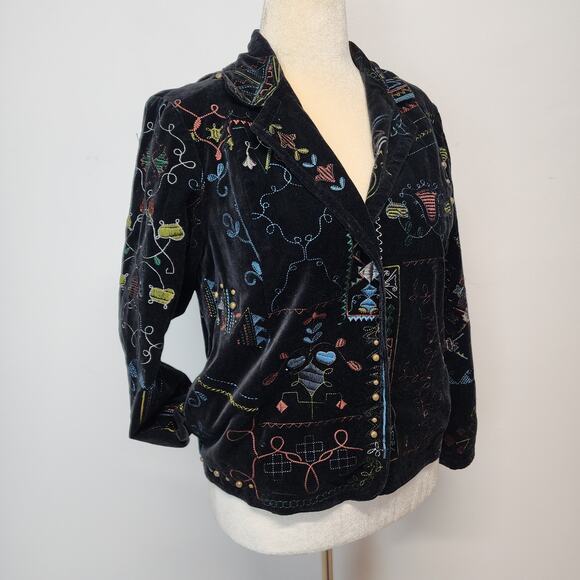 Chicos 1 Black Velvet Embroidered Blazer Jacket Size M 8 Studded Boho Whimsigoth - Picture 1 of 15